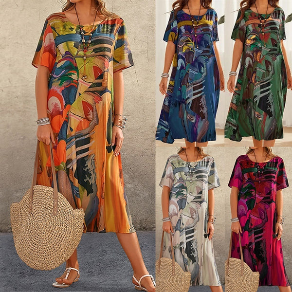 Printing Summer Short-sleeved Waist Round Neck Dresses