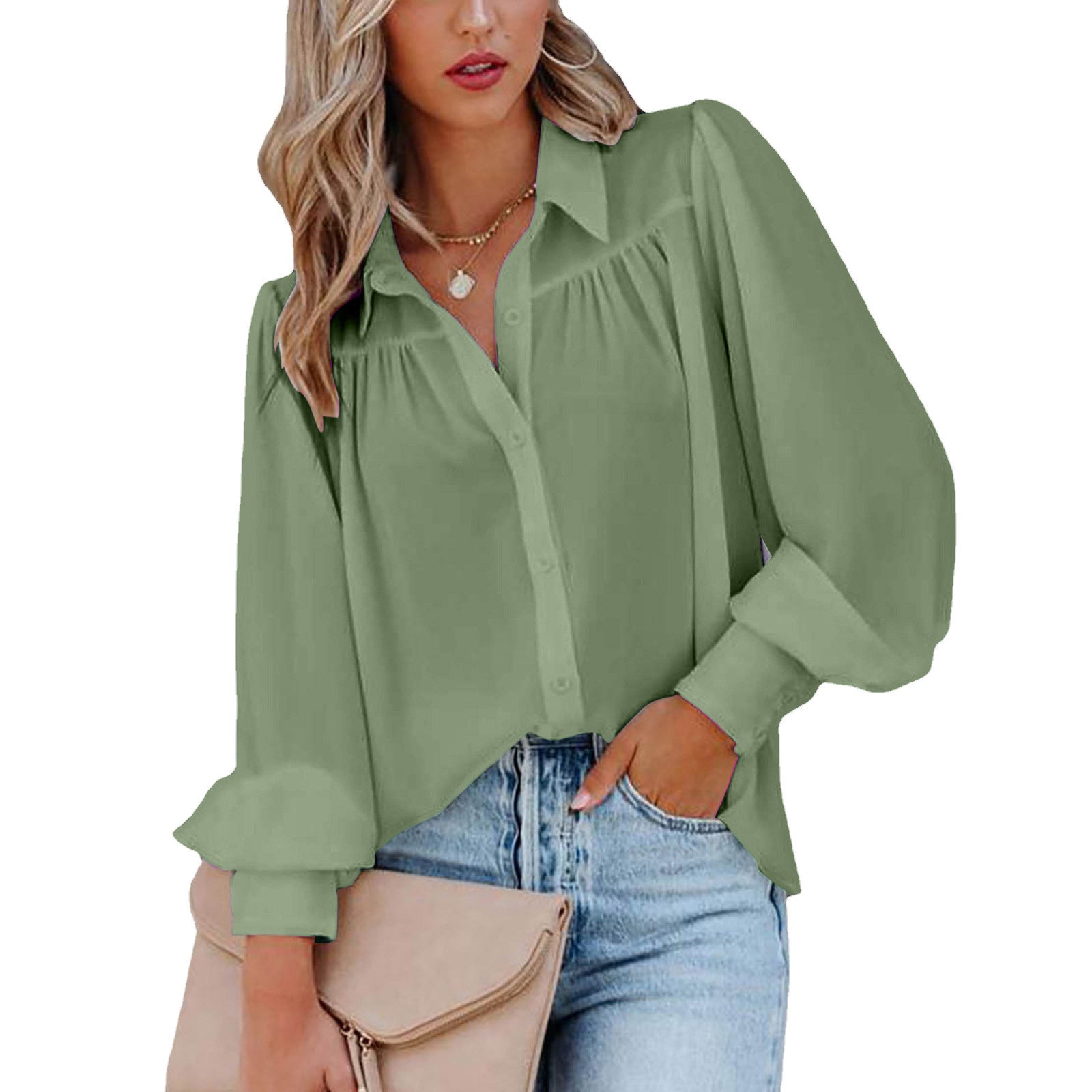 Women's Button Lantern Sleeve Pleated Solid Color Collar Loose Shirt Blouses