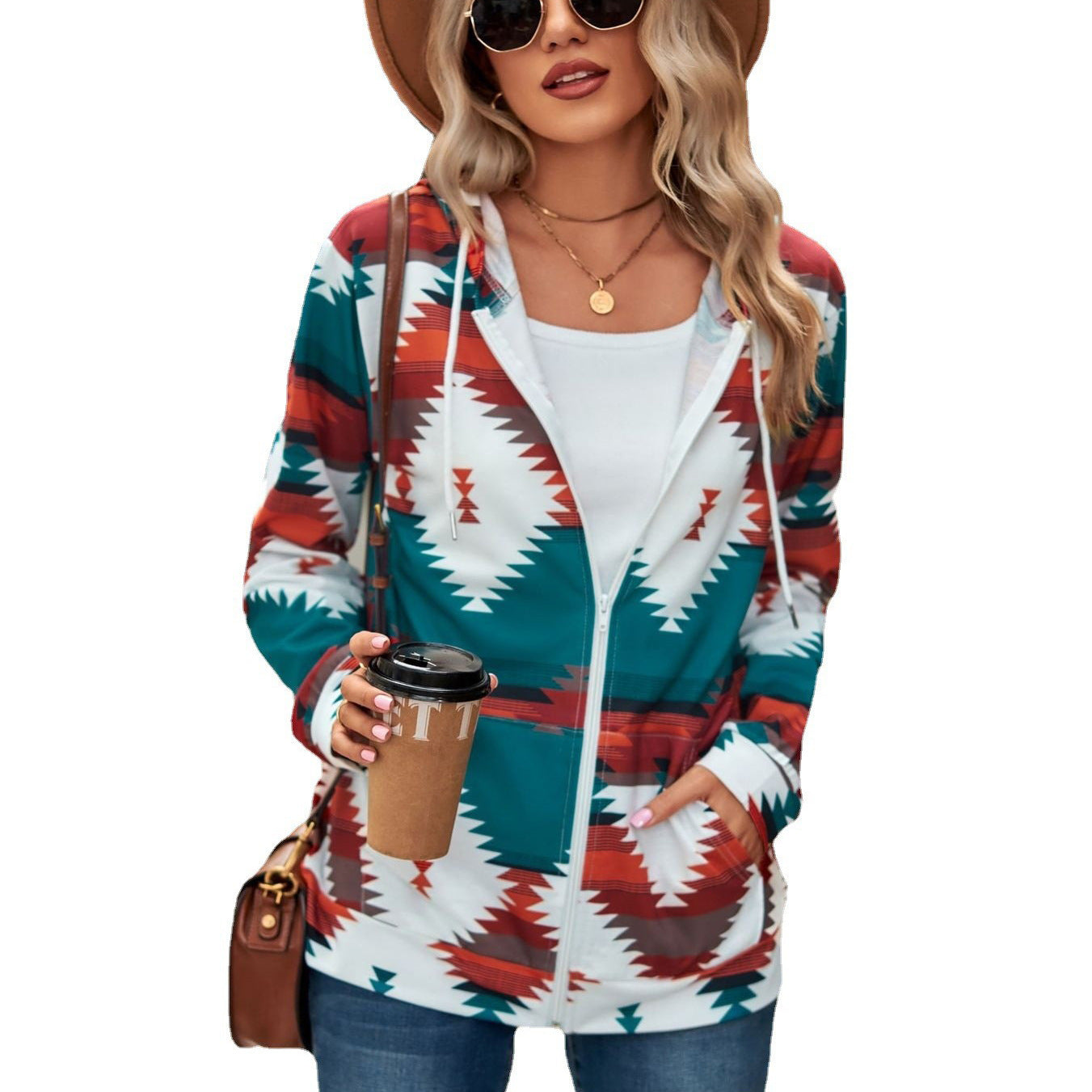 Geometric Pattern Long Sleeve Loose Hooded Pocket Sweaters