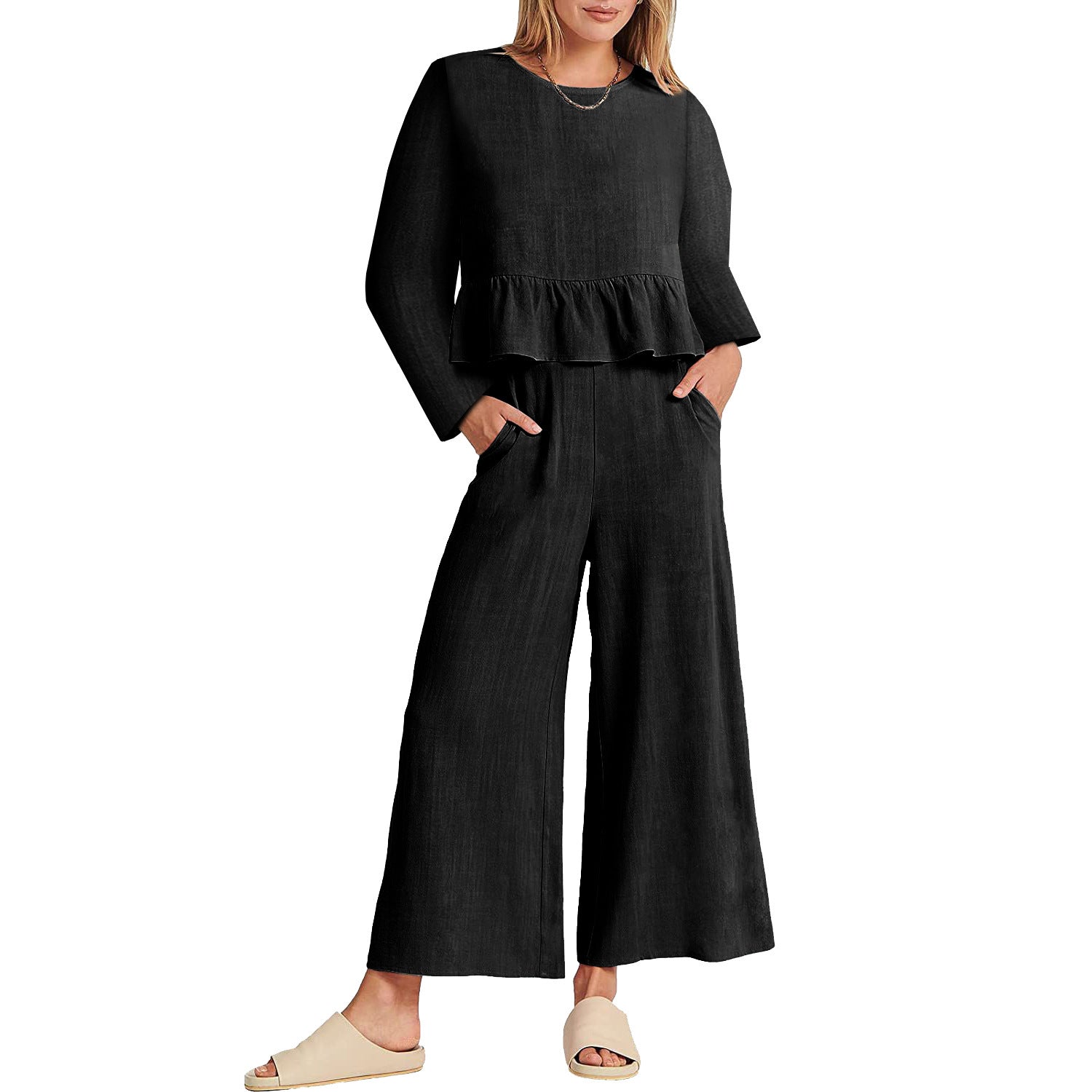 Women's Summer Long-sleeved Pleated Cropped Casual Suits