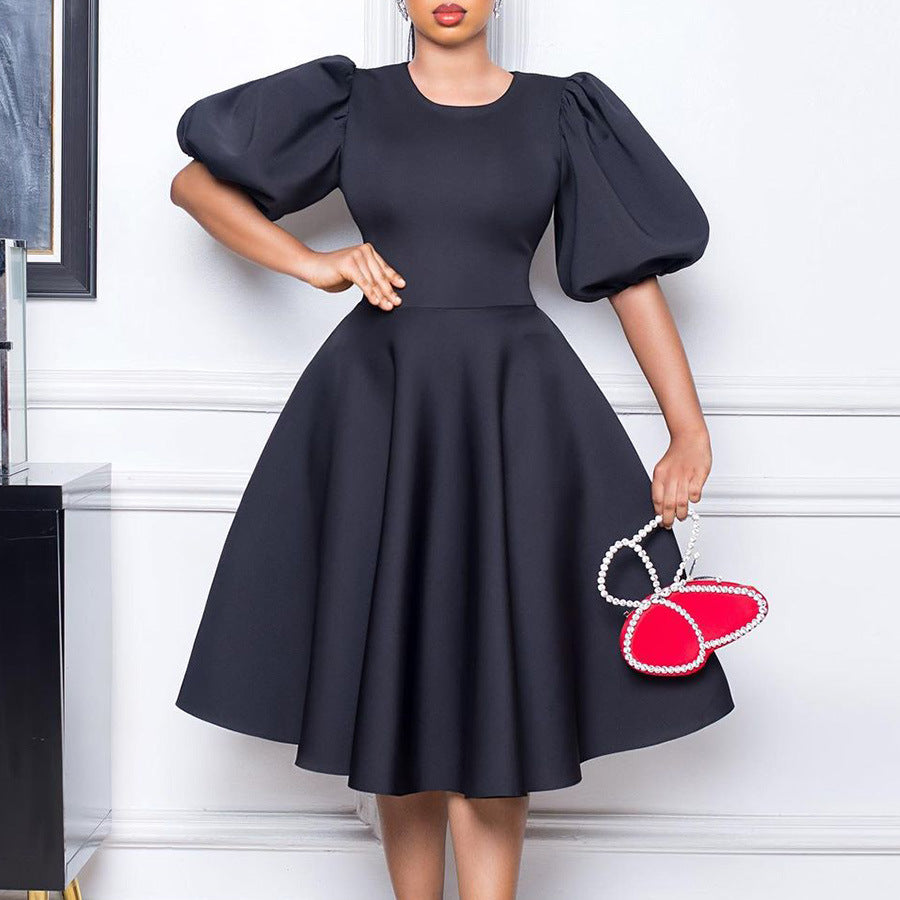 Round Neck Graceful Puff Sleeve Waist-controlled Dresses