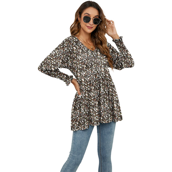 Women's Printed Bubble Long Sleeve Waist T-shirt Blouses