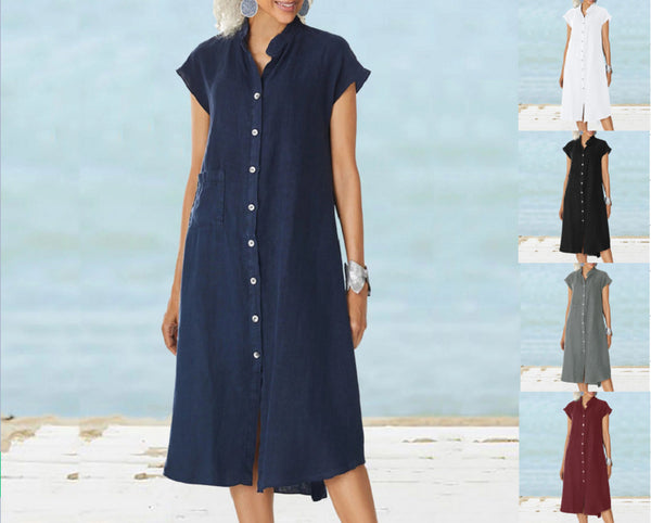 Stand Collar Single-breasted Linen Pocket Slip Dresses