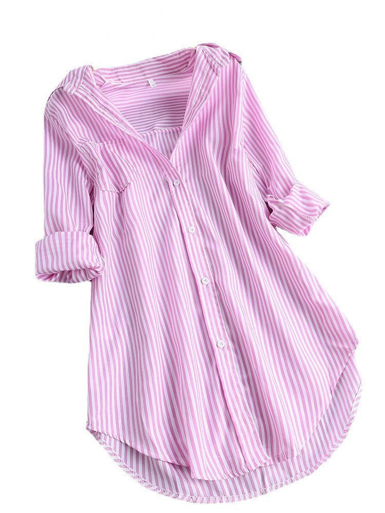 Women's Chic Striped Long Sleeve Collar Loose Blouses