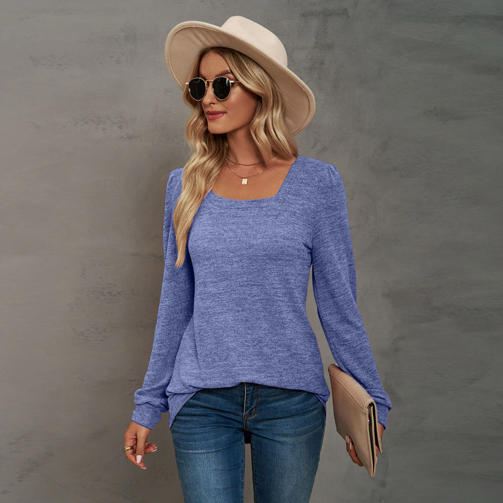 Color U-neck Pleated Long Sleeve Casual Blouses