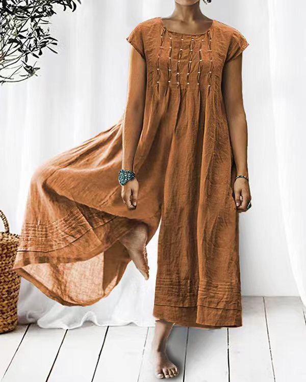 Loose Linen Pleated Sleeves One Piece Jumpsuits
