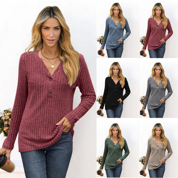 Women's Solid Color And Button Loose Long-sleeved Blouses