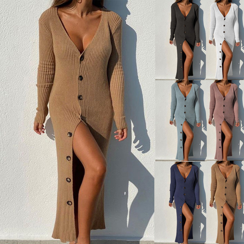 Unique Women's Knitted Button Long-sleeved Dress Dresses
