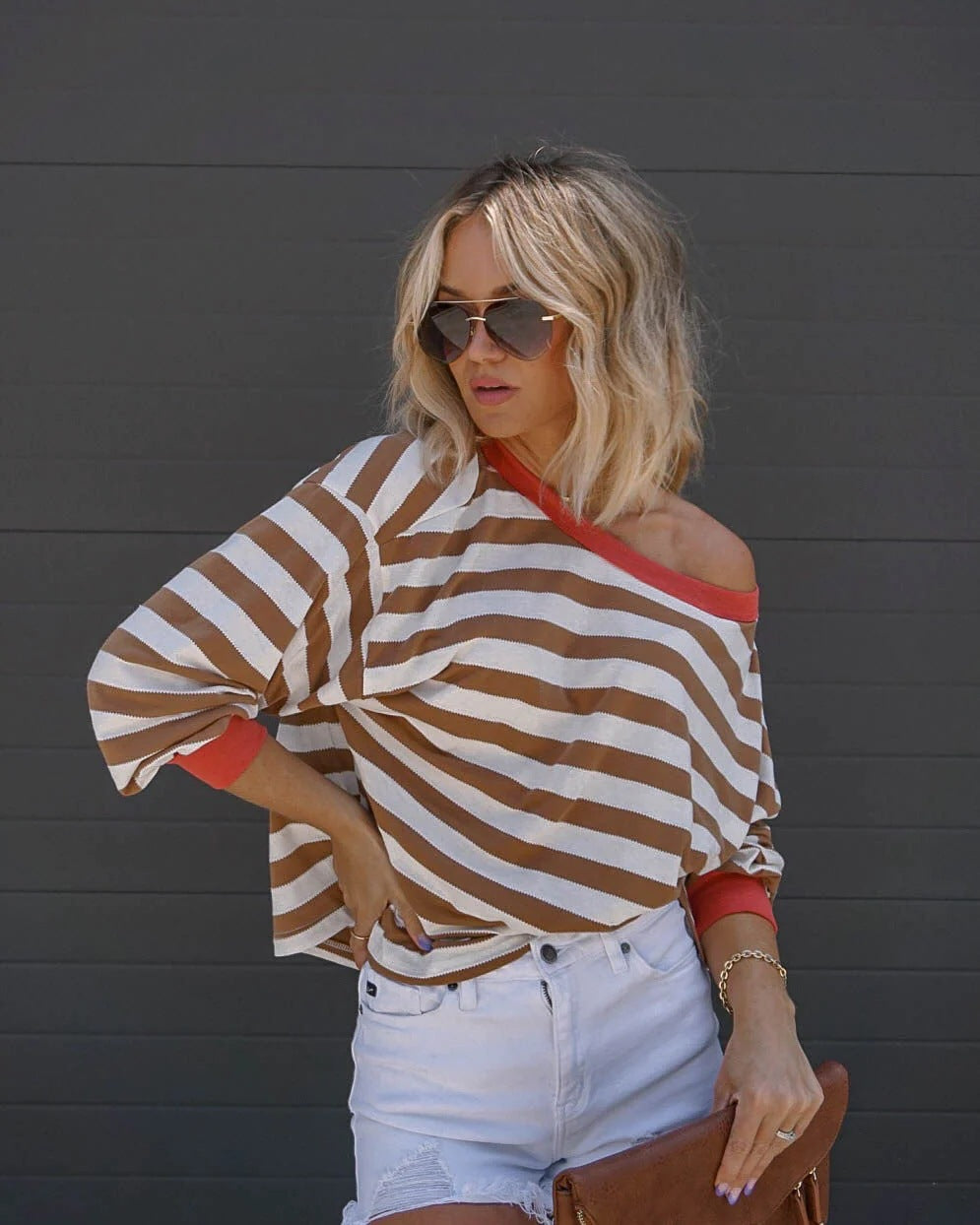 Long-sleeved Striped T-shirt Round Neck Loose Blouses