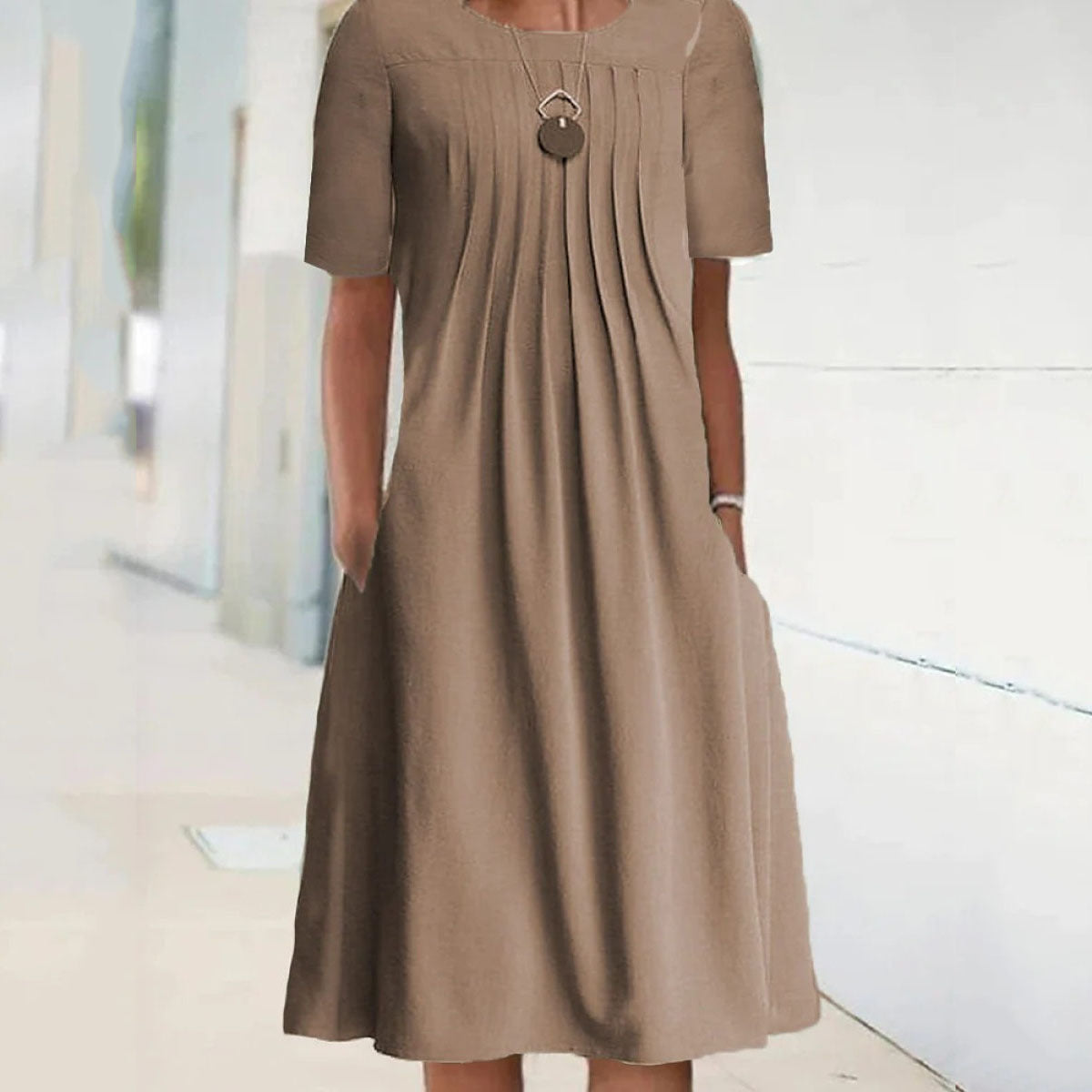 Women's Solid Color Round Neck Sleeve Mid-length Dress Dresses