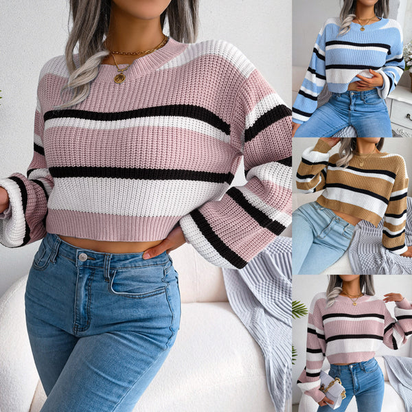 Women's Casual Striped Long Sleeves Cropped Knitted Sweaters