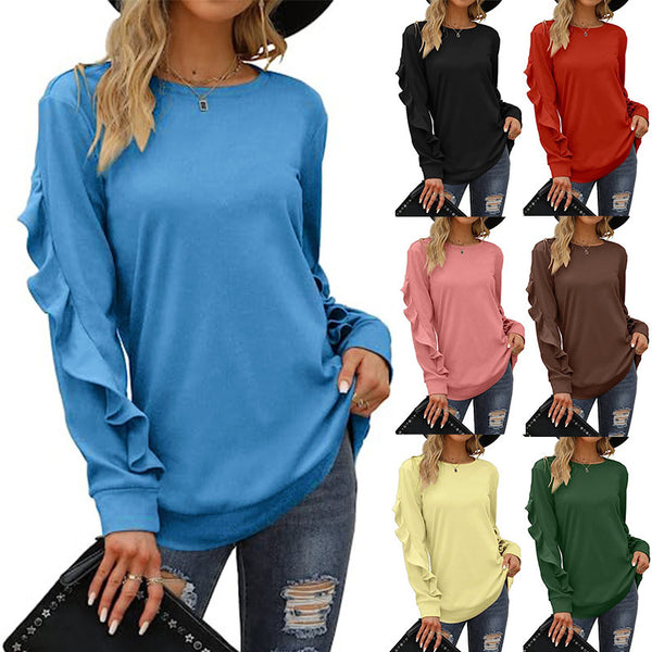 Women's Casual Round Neck Pleated Long-sleeved Sweaters