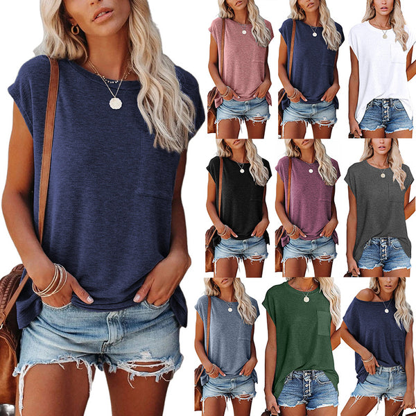 Women's Color Round Neck Pocket Shoulder Short-sleeved Blouses