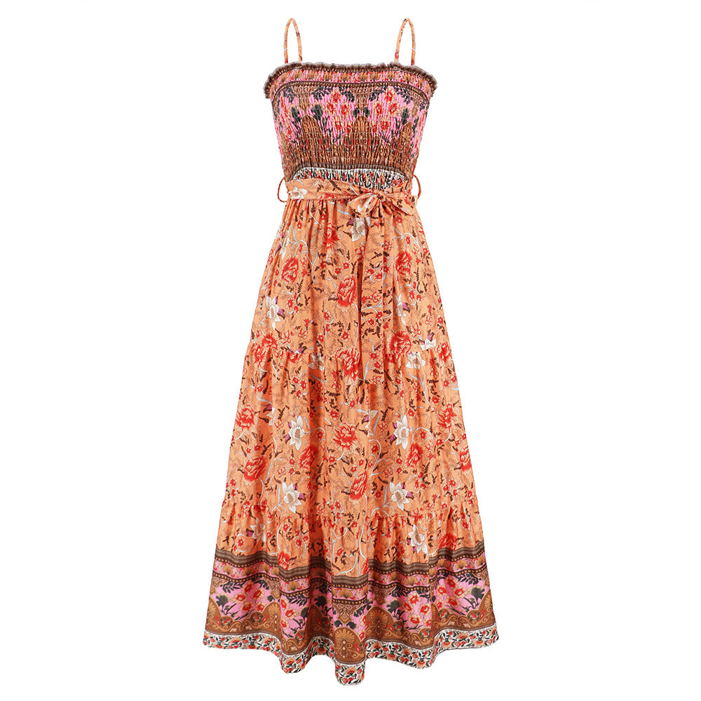 Women's Summer Tube Backless Retro Printed Long Dresses