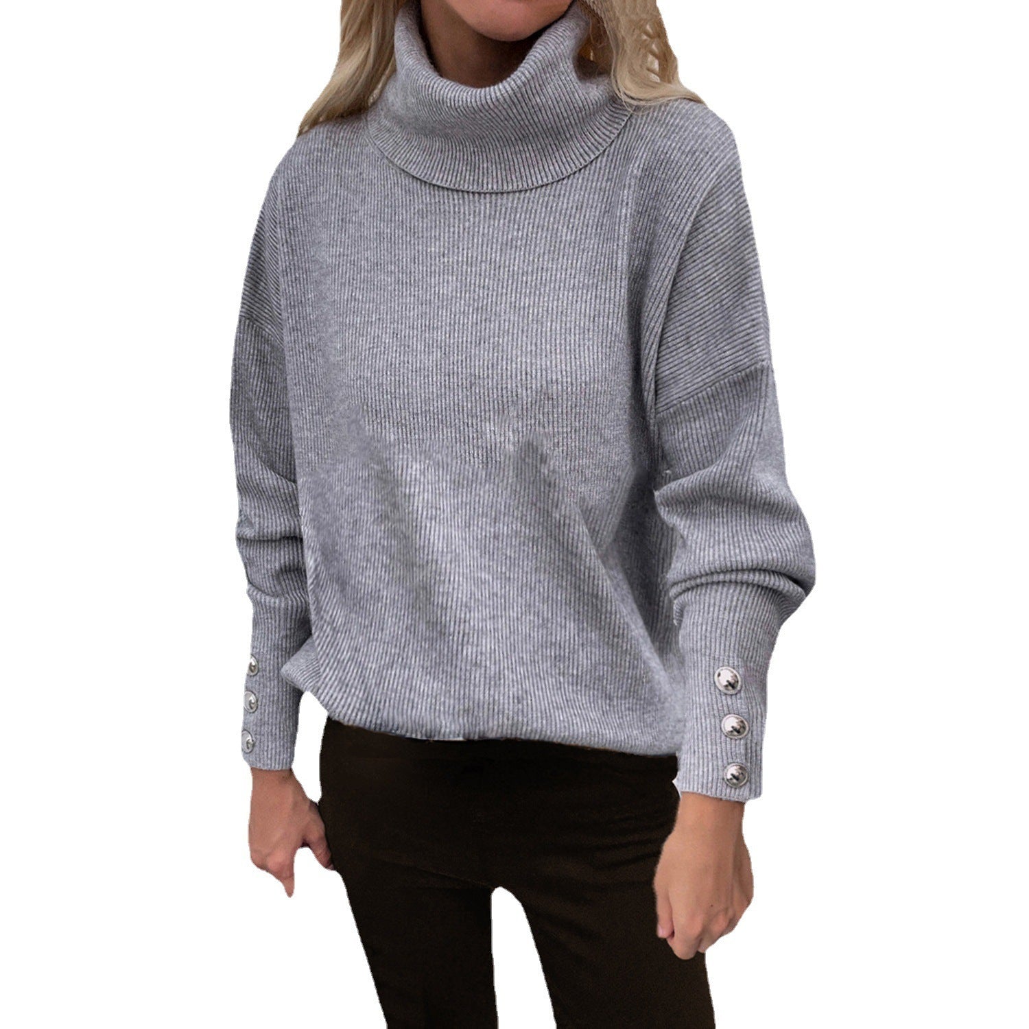 Women's Turtleneck Cuff Button Solid Color Casual Sweaters