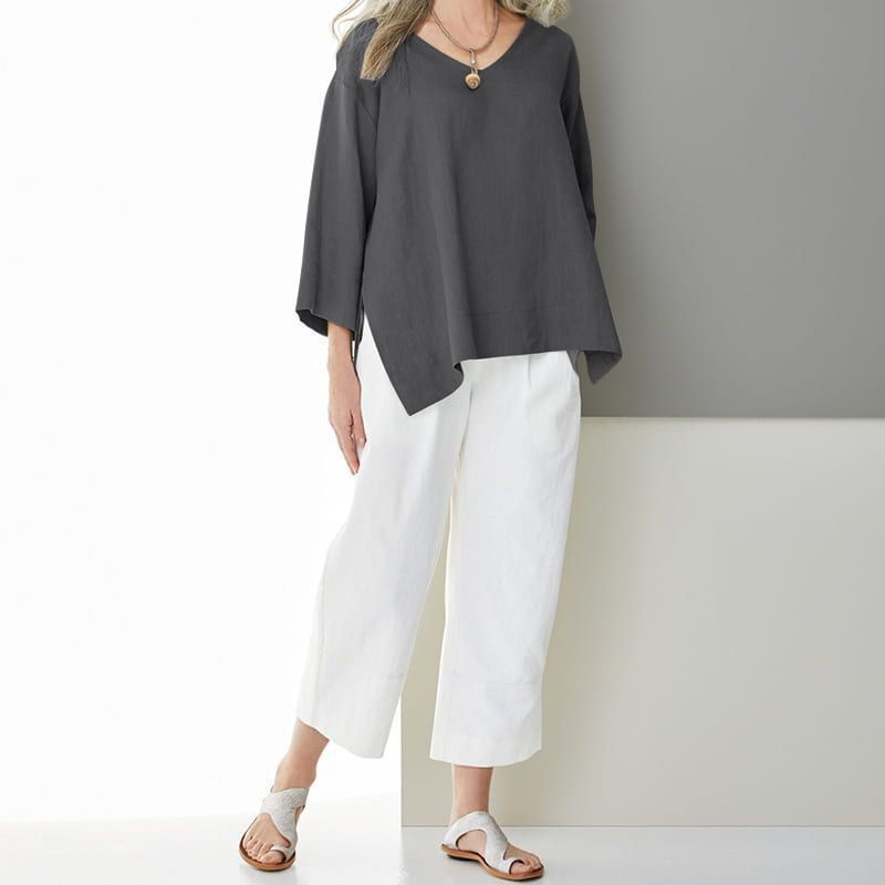 Women's And Linen Shirt Three-quarter Sleeve Side Blouses