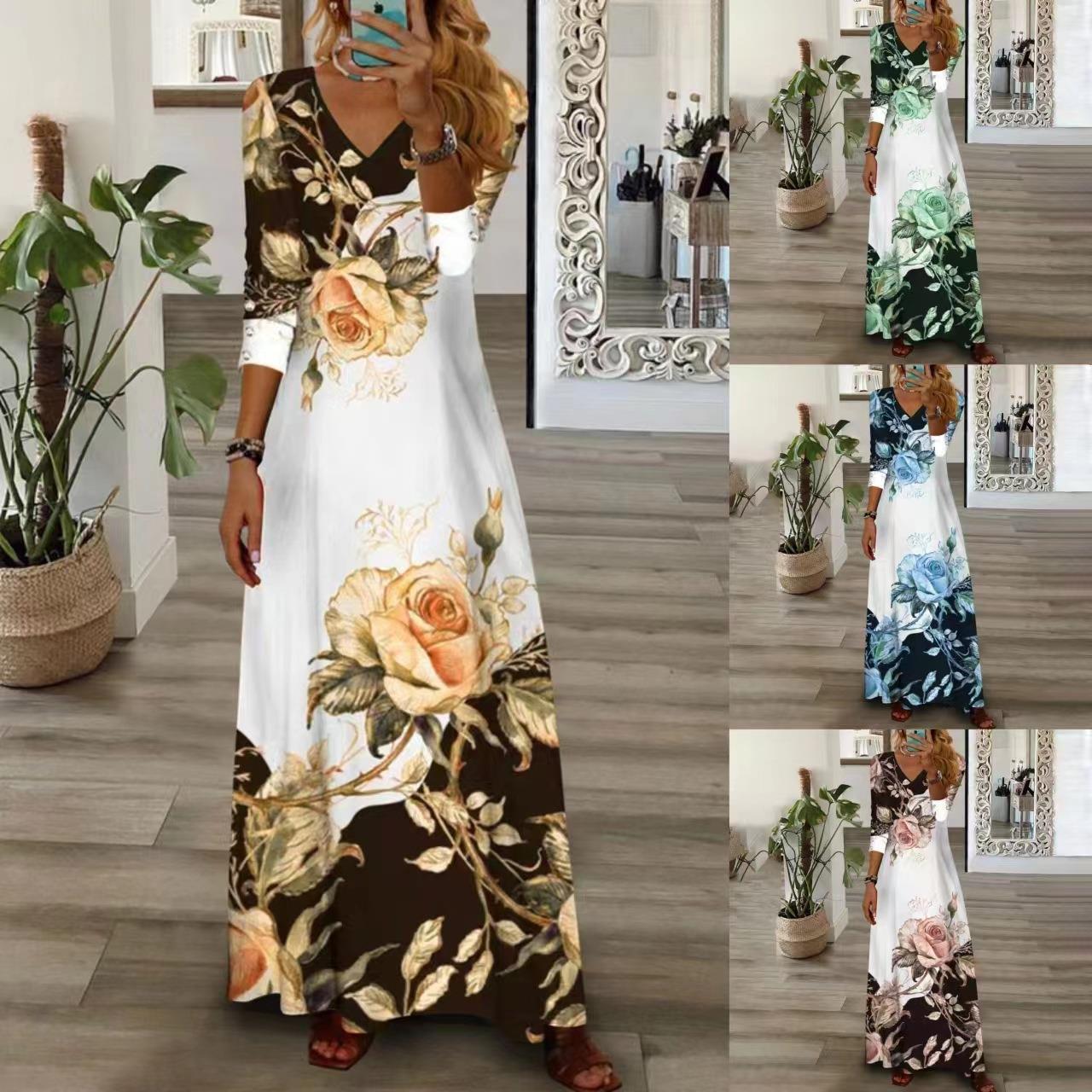 Women's Positioning Printed Button Mid-length Long Sleeve Dresses