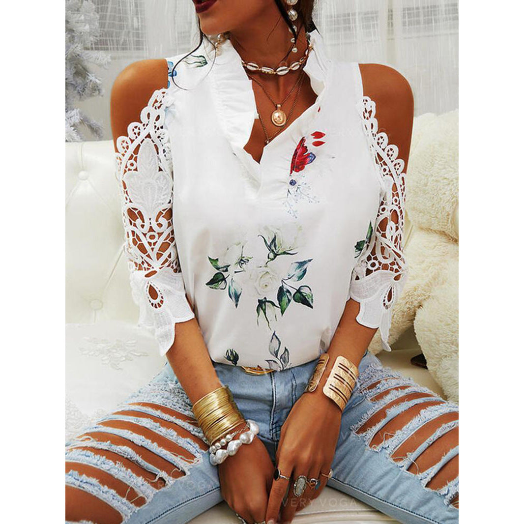 Women's Summer Flower Print Off-shoulder Lace Stitching Long Blouses