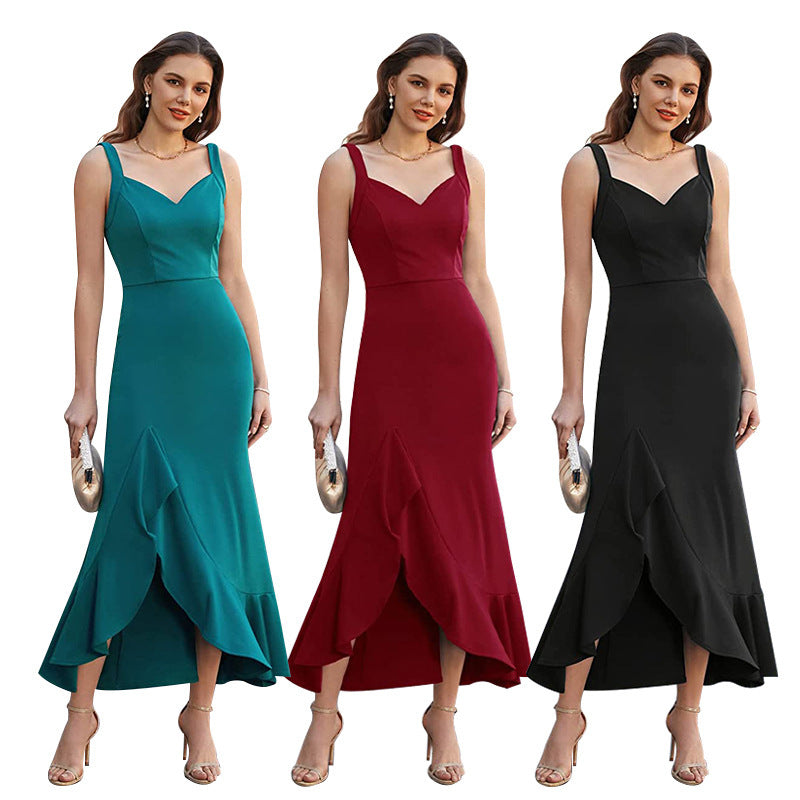 Langes, gerüschtes Party-Kleid mit V-Ausschnitt für Damen