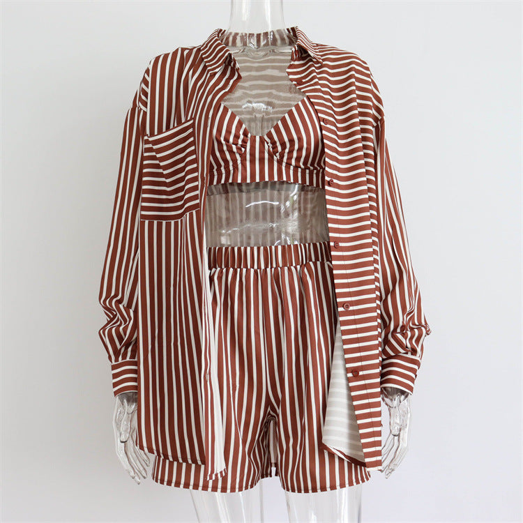 Summer Three-piece Striped Single-breasted Long Sleeve Suits