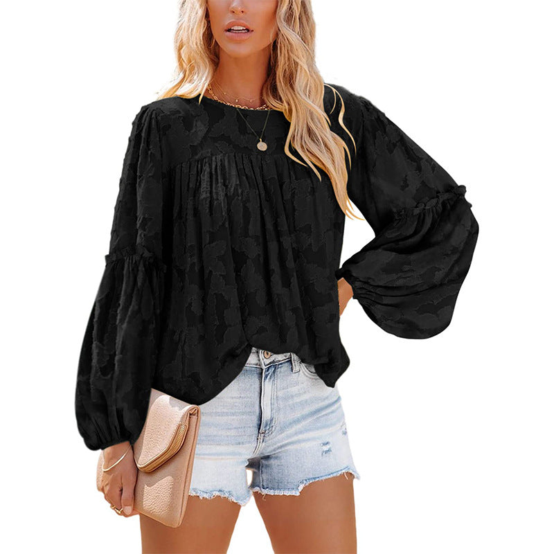 Women's Lantern Sleeve Round Neck Floral Pleating Shirt Tops