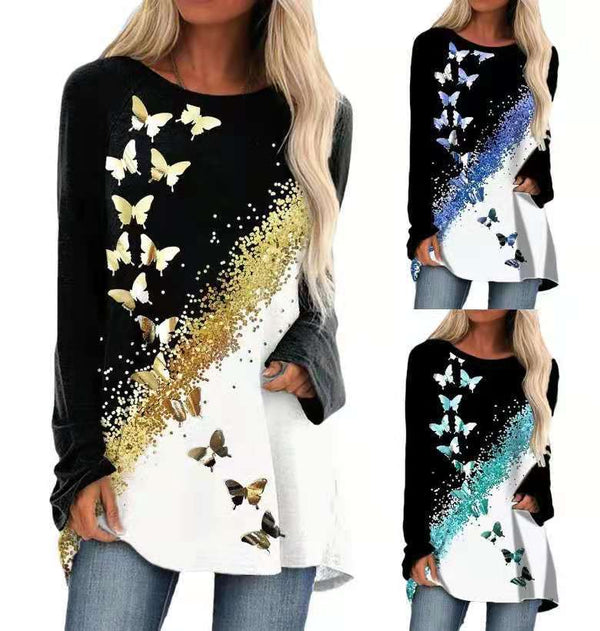 Fashion Casual Round Neck Butterfly Printed Long Sleeve Blouses