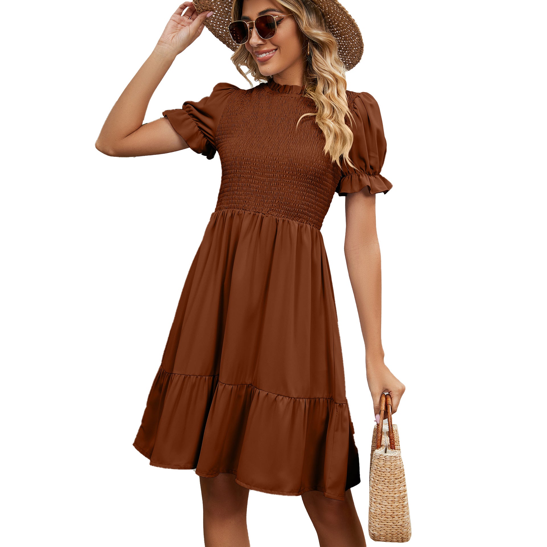 Women's Round Neck Pleated Smocking Solid Color Dresses