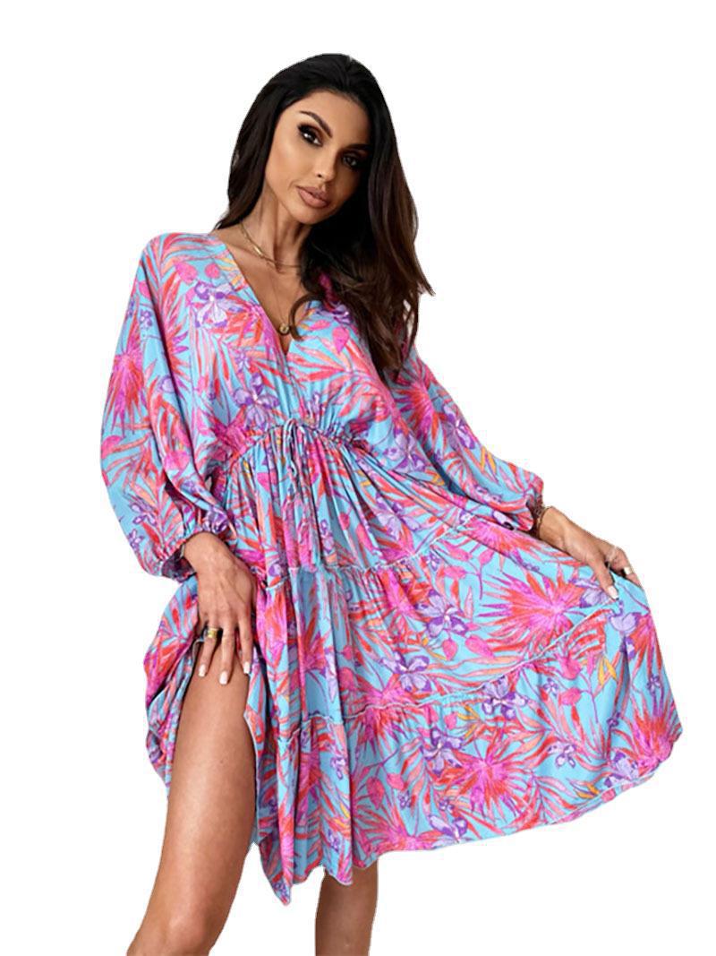 Summer High Waist Pullover Sleeve Printed Dresses