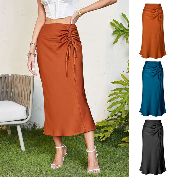 Women's Pleating Satin Summer High Waist Slimming Zipper Skirts