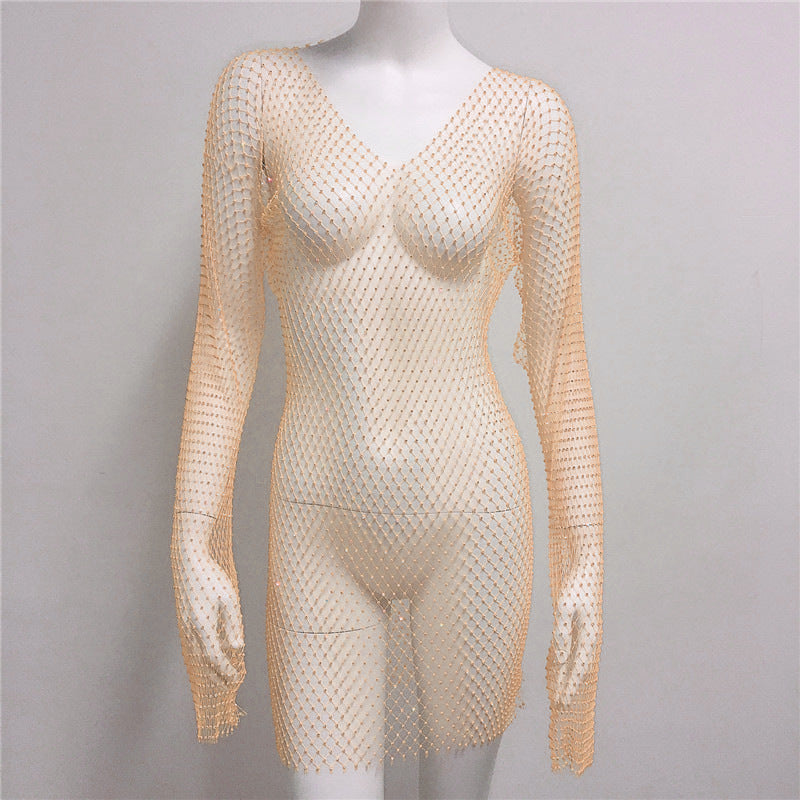 Women's Dress Rhinestone Fishnet Sexy Hot Long Sleeve Hollow Dresses