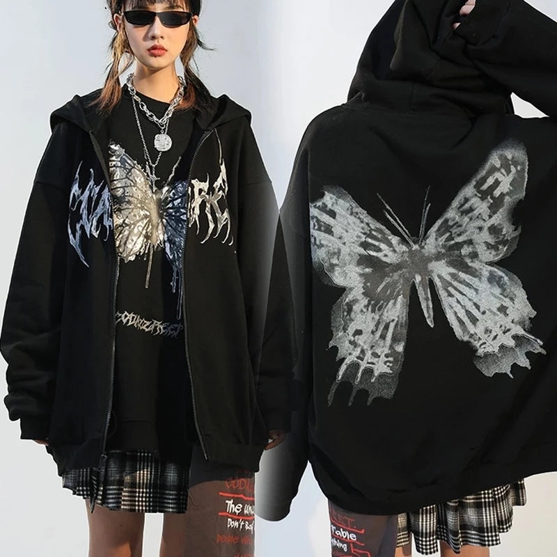 Women's Hooded Zipper Letter Butterfly Printing Veet Sweaters