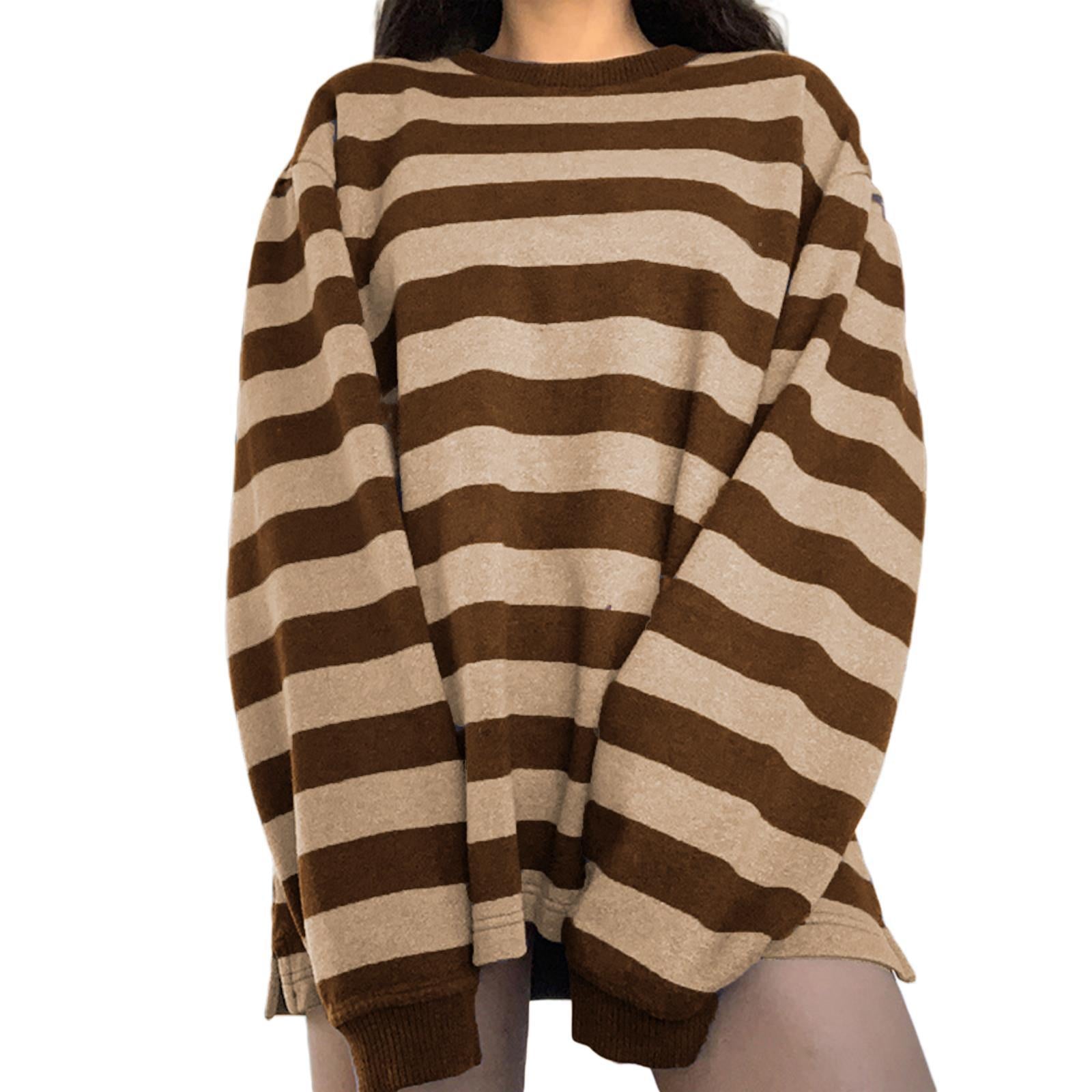 Women's Striped Print Color Long Sleeves Neck Sweatshirt Spring Sweaters