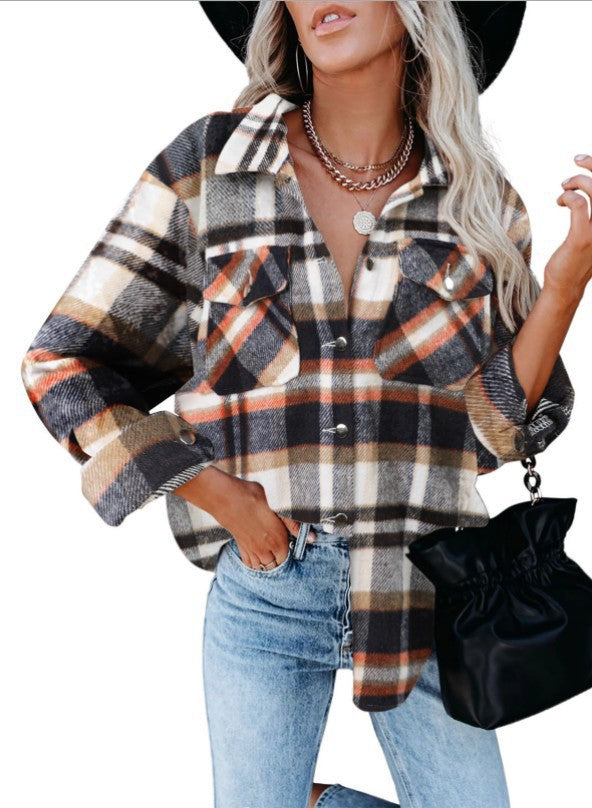 Women's Plaid Shirt Woolen Flannel Breasted Coats