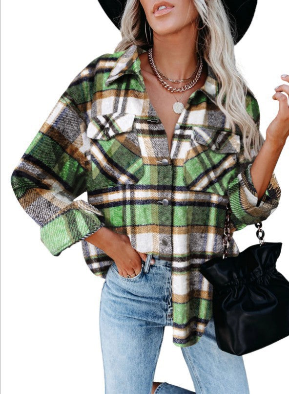 Women's Plaid Shirt Woolen Flannel Breasted Coats