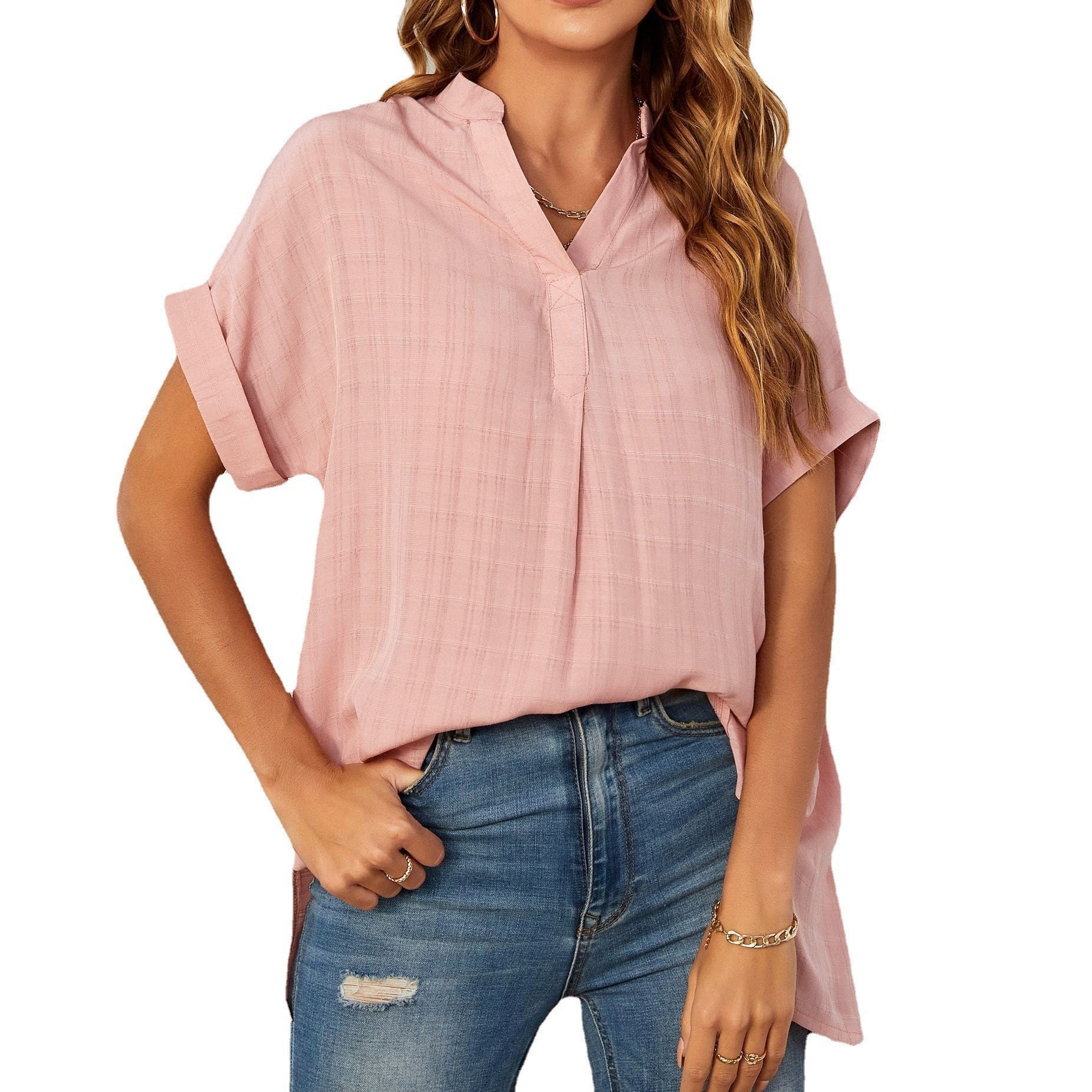 Women's Summer V-neck Sleeve Striped Thin Loose Blouses