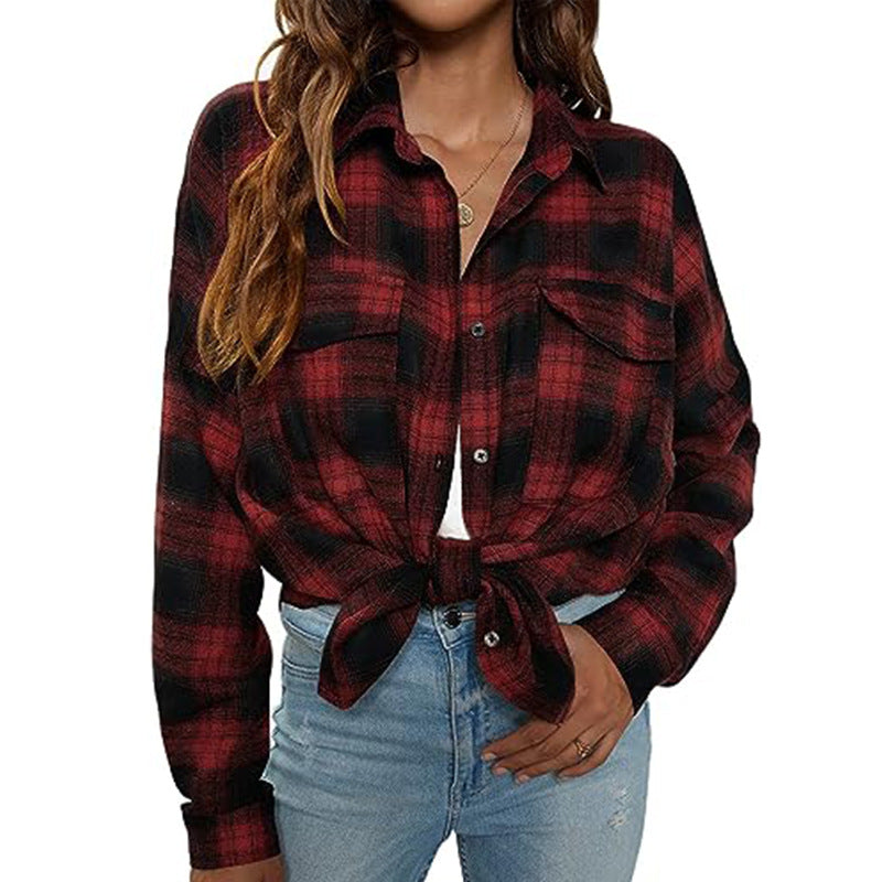 Women's Casual Long-sleeved Flannel Plaid Pocket Shirt Sweaters