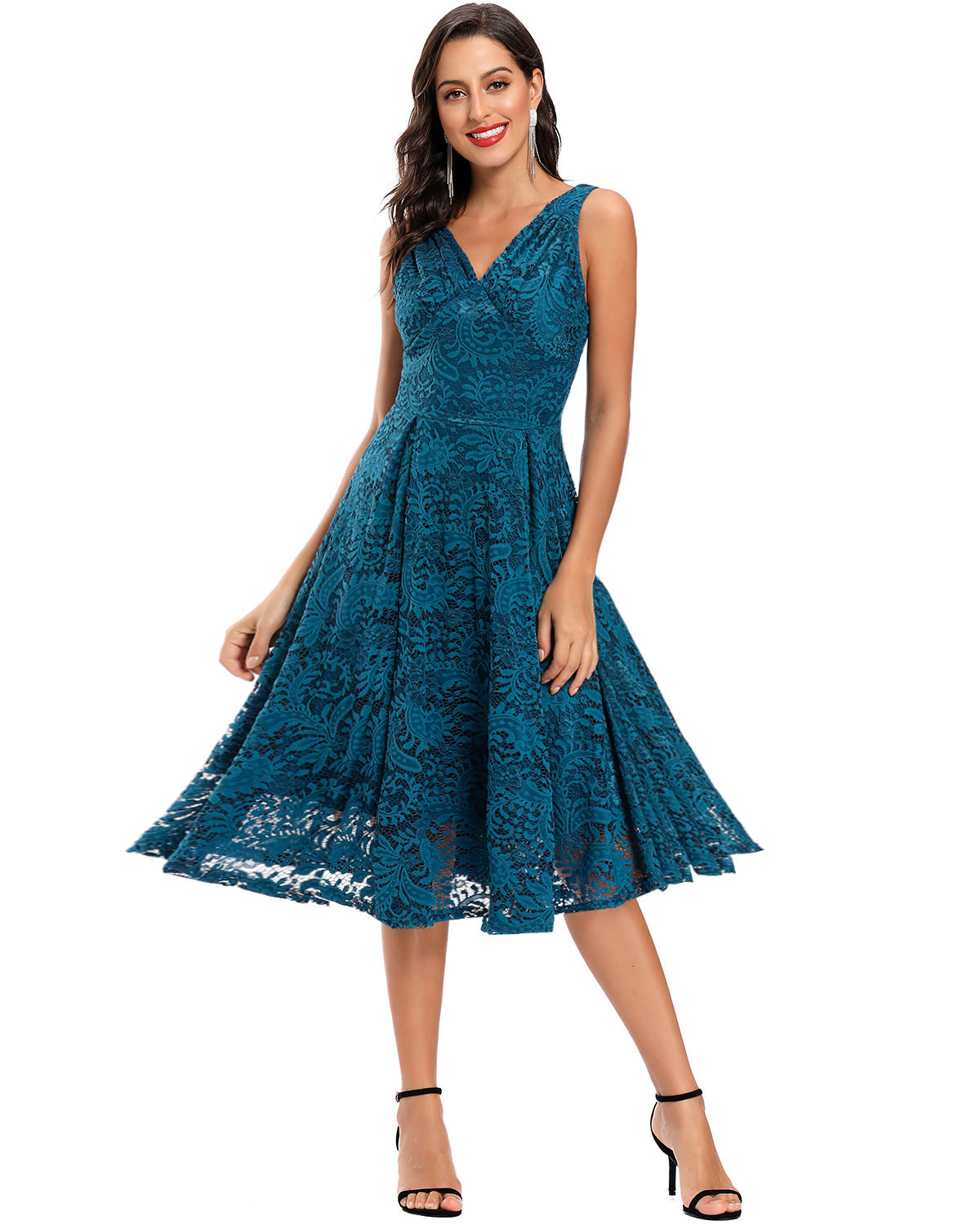 Summer V-neck Pleated Lace Waist-controlled Large Hem Mid-length Dresses