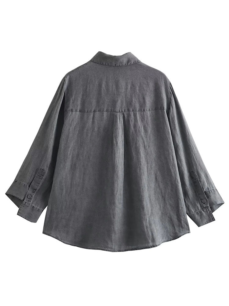 Women's Pocket Decoration Long Sleeve Linen Shirt Suits