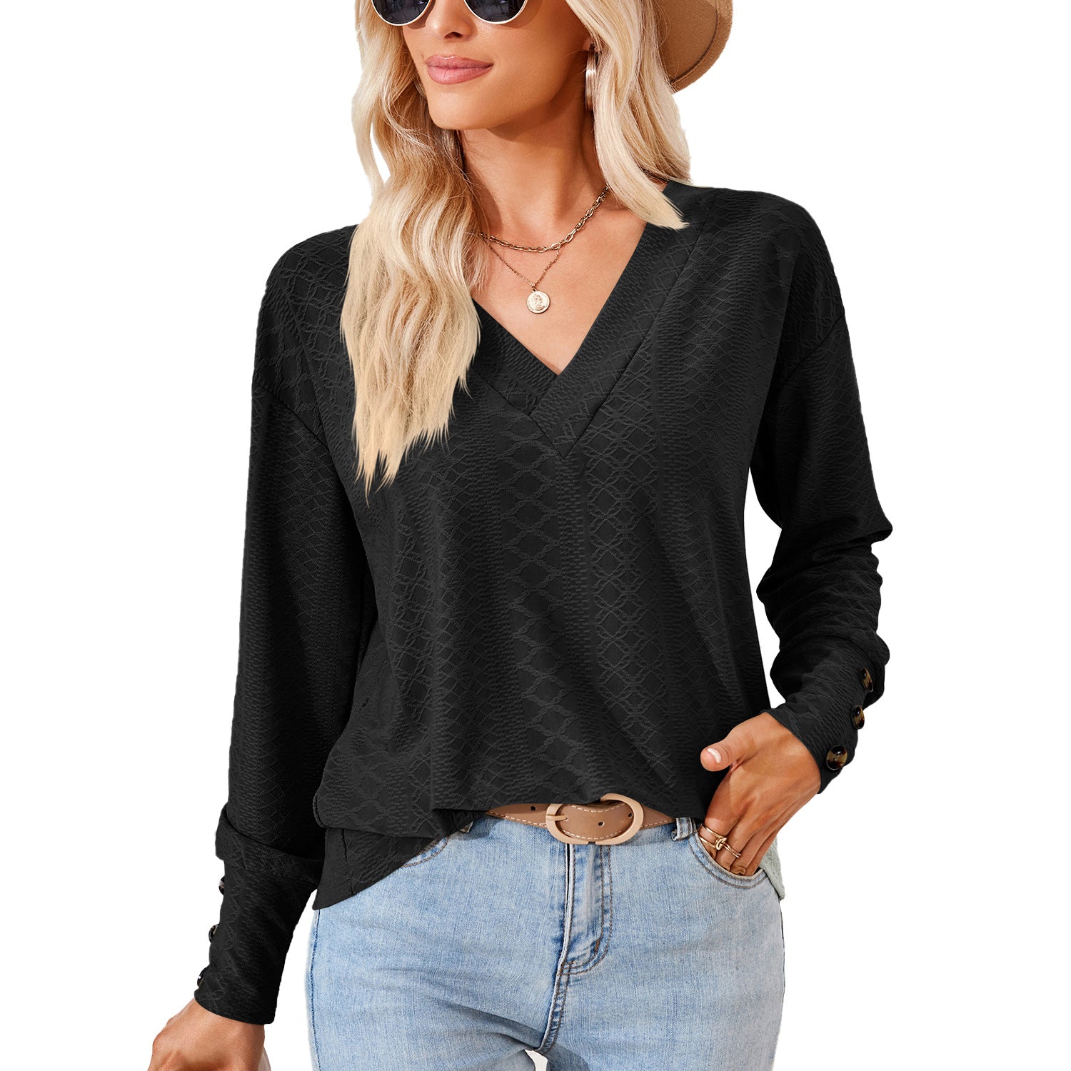 Women's Solid Color And Jacquard Button Loose-fitting Blouses