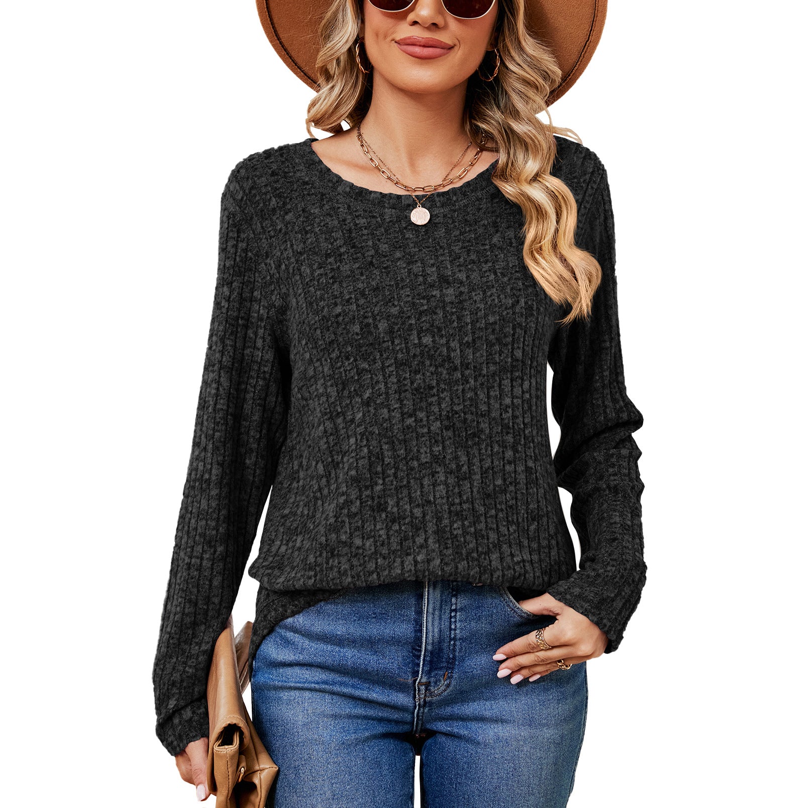 Women's Solid Color Round Neck Loose Long Sleeve Pullover Blouses