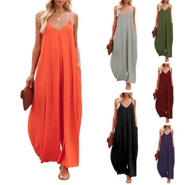 Women's Wide-leg Summer Solid Color Pocket Jumpsuits