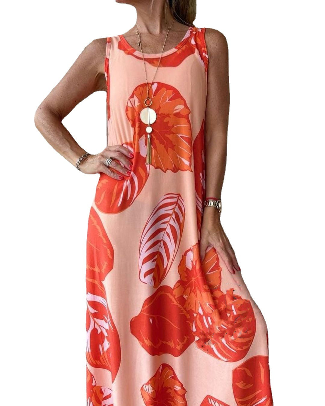 Summer Printed Round Neck Sleeveless Long Dresses