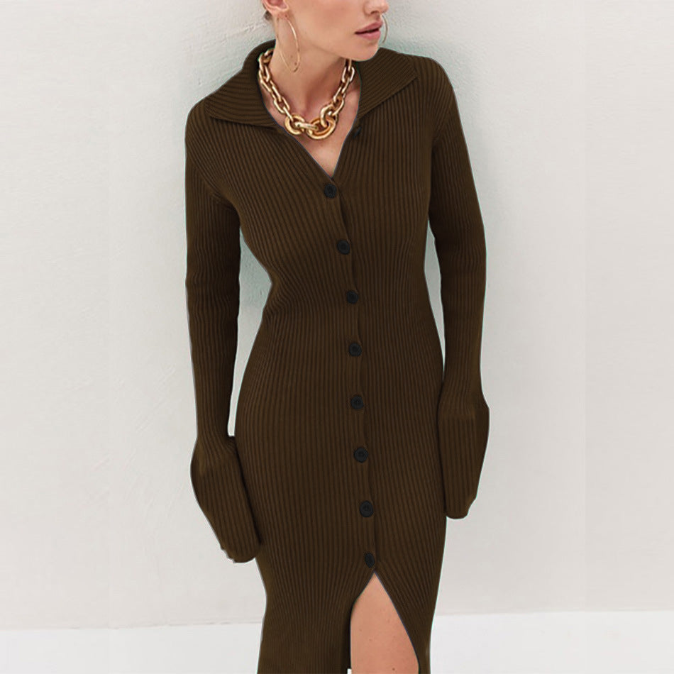 Long Sleeve Lapel Button Bell Bedford Dresses