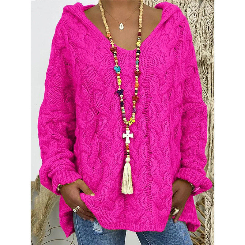 Women's Long Sleeve Hood Knitted Loose Pullover Sweaters