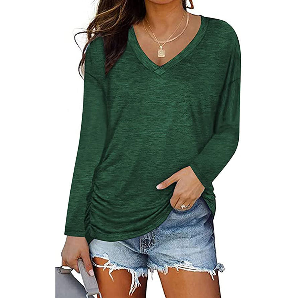 Women's V-neck Pleating Long Sleeve T-shirt Solid Color Blouses