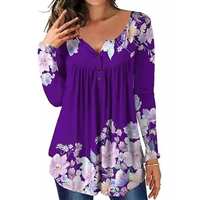 Women's Autumn Slim Fit Slimming Round Neck Breasted Flower Blouses