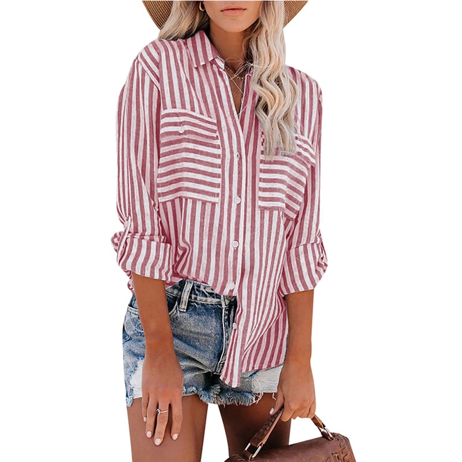 Women's Polyester Striped Single-breasted Long Sleeve Blouses