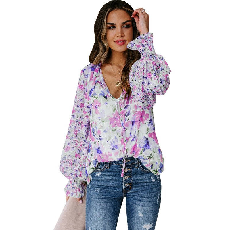 Women's Chiffon Loose Floral Pattern Fashion Lantern Tops