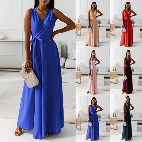 Women's Attractive Tied V-neck Party Long Dresses