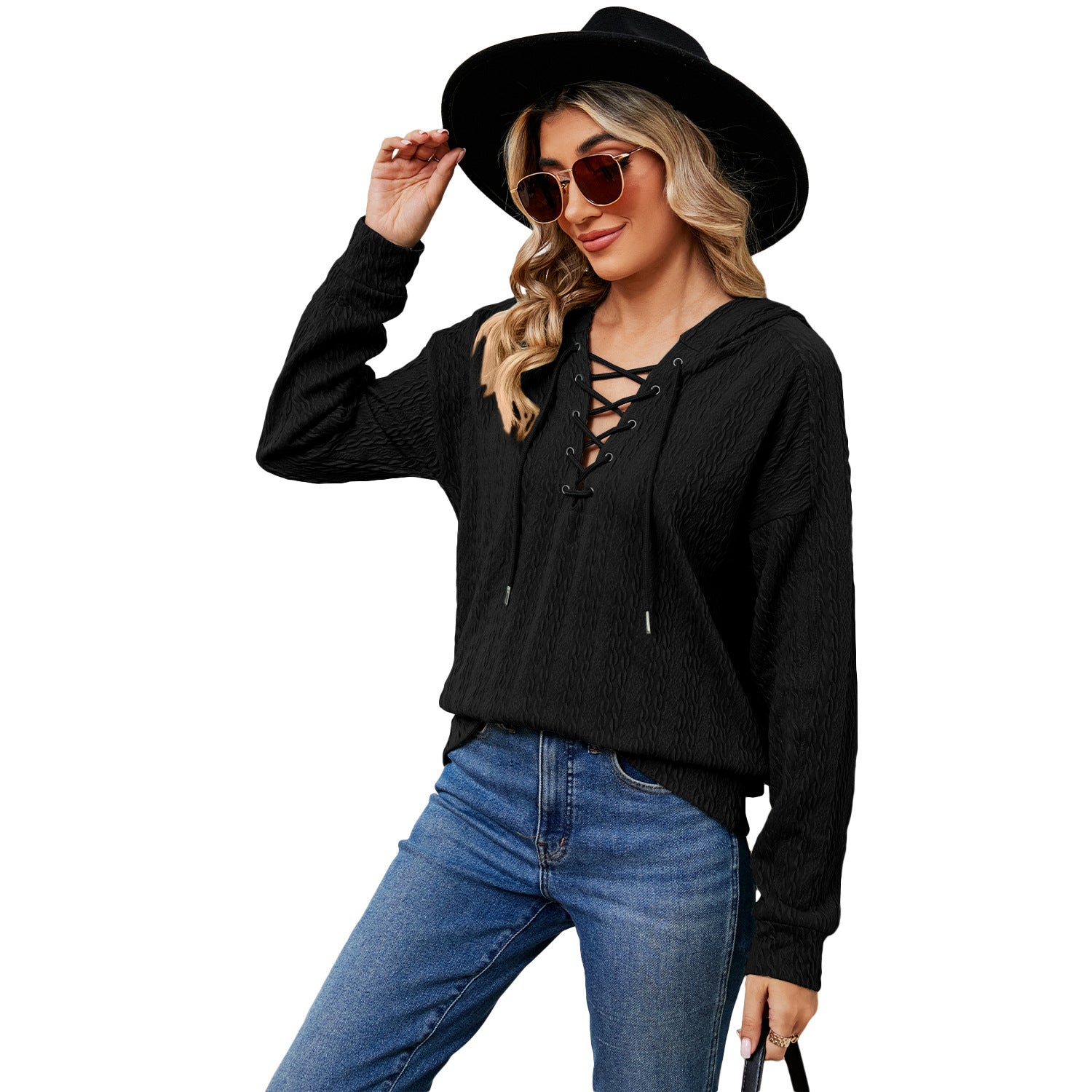 Women's Solid Color Hooded Neckline Tied Long Tops